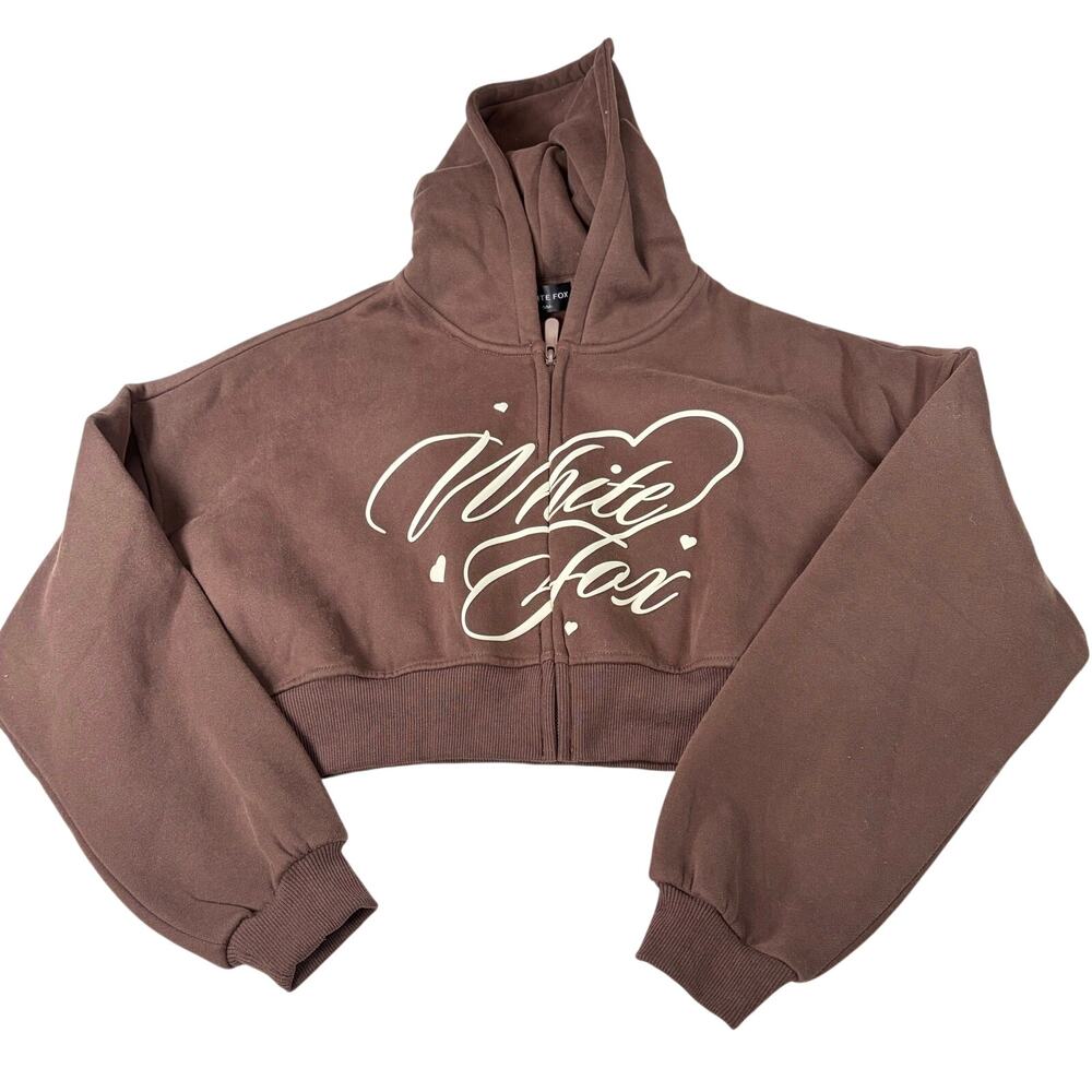 White Fox Love you regardless brown full zip cropped hoodie. Size S/M athleisure